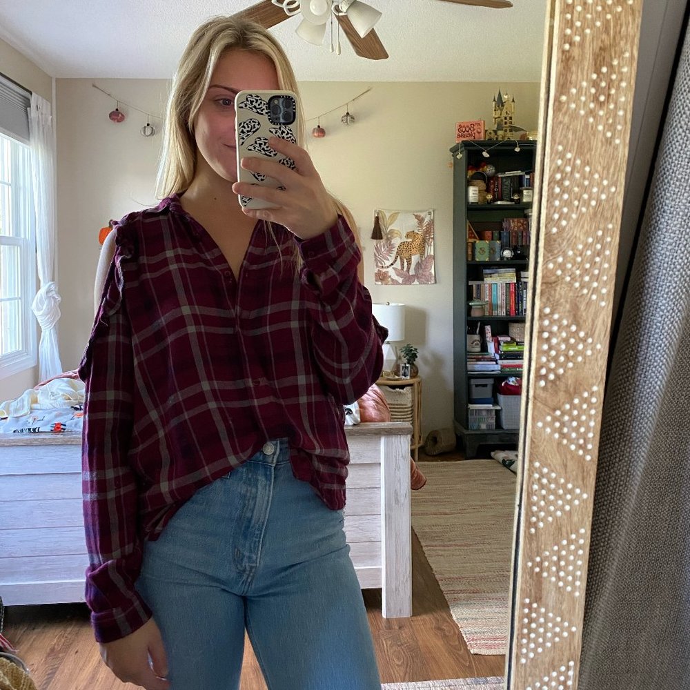 Francesca’s Purple Plaid Cold Shoulder Button Up